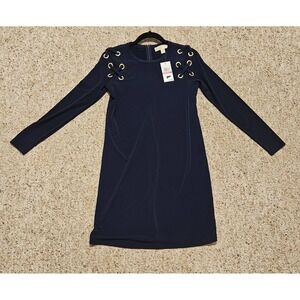 Michael Kors Sheath Dress Lace Up Shoulder‎ Long Sleeve True Navy XS